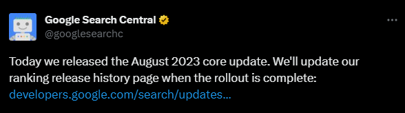Google Core Update August 2023 announcement